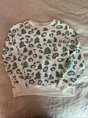 Mighty Fine Cream Crewneck Sweater with Green Tree & Spot Print